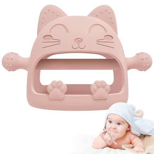 Silicone Teether Toys for Babies 0-6 Months, Never Drop Baby Chew Toys for Teething Relief, Ideal Gifts for Baby Shower (Cartoon Cat)