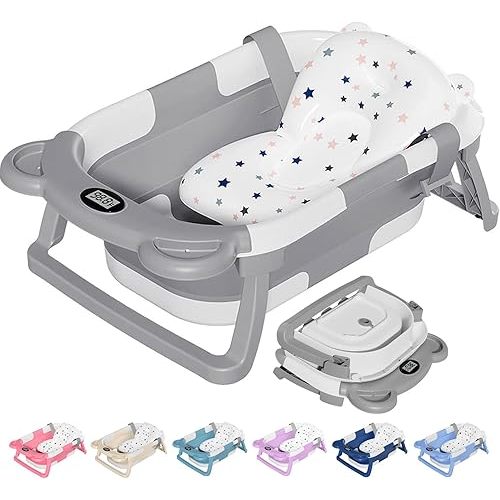 TPN Collapsible Baby Bathtub, Baby Bath Tub with Soft Cushion & Real-Time Thermometer, Baby Bathtub Infant to Toddler Tub (0-36 Months), Portable Newborn Travel Bath Tub