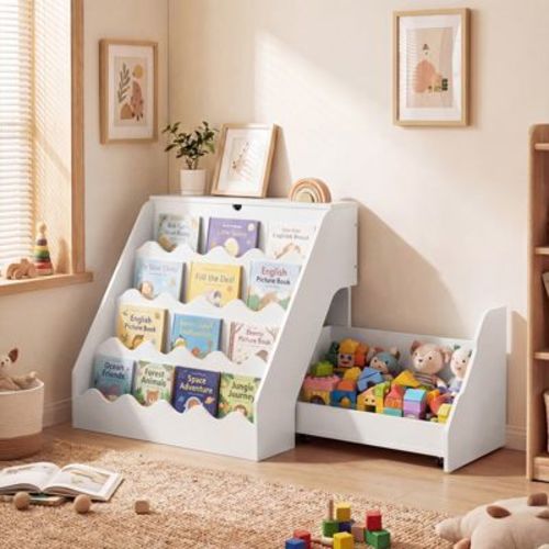 Costway Kids’ Bookshelf & Toy Storage Organizer with Rolling Drawer Cart, 4 Tier Book Shelf White