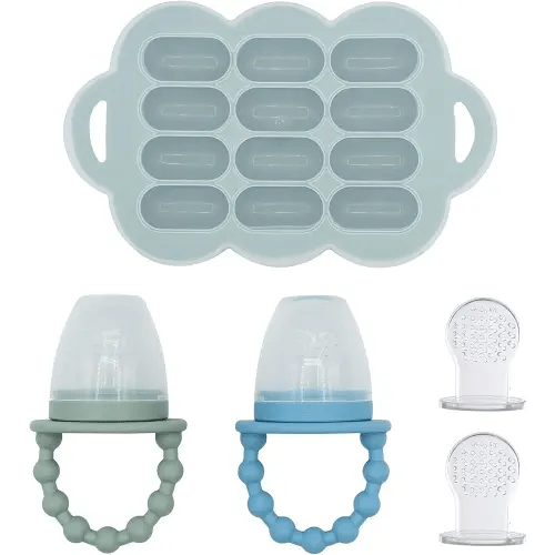 WeeSprout Baby Food Feeder Set - 2 Silicone Feeders & Reusable Freezer Tray with Lid - BPA-Free Fresh Fruit & Veggie Pacifier for Babies & Toddlers - Double as Teething Toys - Dishwasher Safe