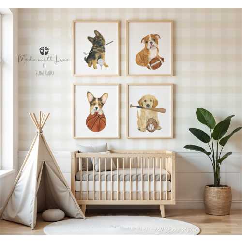 Watercolor Puppy Sports Nursery Prints Set of 4, Boy Room Animal Art, Golden Retriever