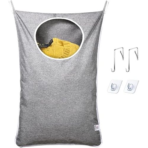 KEEPJOY Hanging Laundry Hamper Bag with Free Adjustable Stainless Steel Door 2 PCs Suction Cup Hooks, Best Choice for Holding Dirty Clothes and Saving Space, Grey