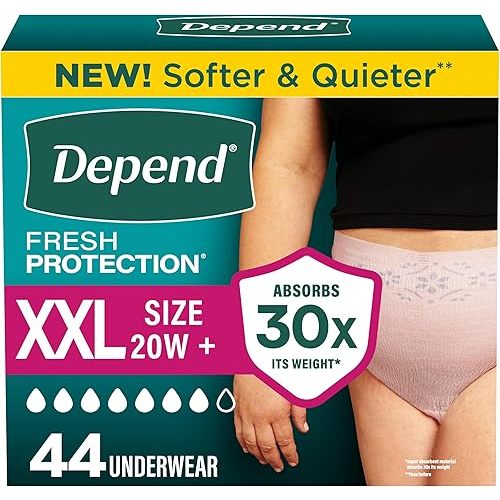 Depend Fresh Protection Adult Diapers, Incontinence Underwear for Women, Disposable, Maximum, XXL, Blush, 44 Count (2 Packs of 22), Packaging May Vary