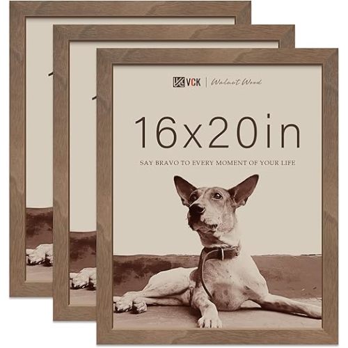 VCK 16x20 Picture Frames for Wall - Brown Walnut 3 Pack, Natural Textured Solid Wood Poster Frame