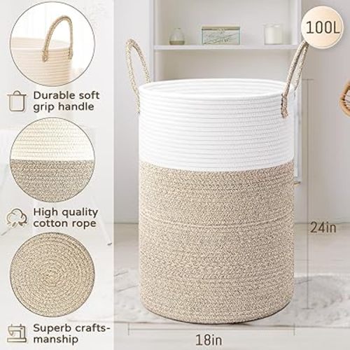 Laundry Basket,Woven Cotton Rope Laundry Hamper,100L for Decorative Storage of Dirty Clothes,Toys and Blankets in Bathroom,Baby Room and Living Room - Brown