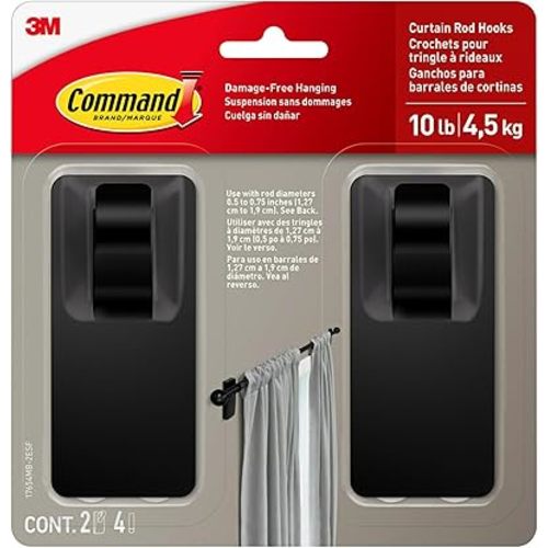 Command 10 lb Matte Black Curtain Rod Hooks, 2 Hooks and 4 Command Strips, Damage Free Curtain Rods Hangers with Adhesive, No Drilling Home and Room Decor