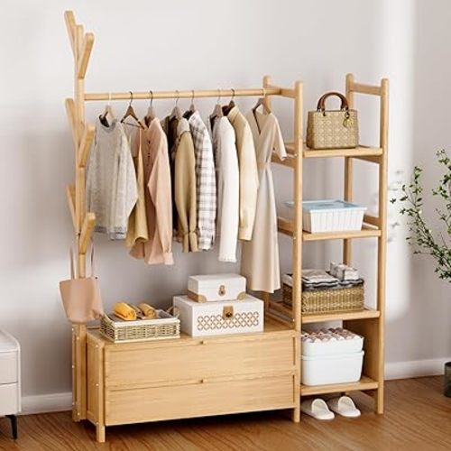 Clothing Rack with Shelves,39.4inch Width Bamboo Clothes Rack,Natural Clothes Rack Hanging,Drawers Hanging Rack,Garment Rack with Shelves