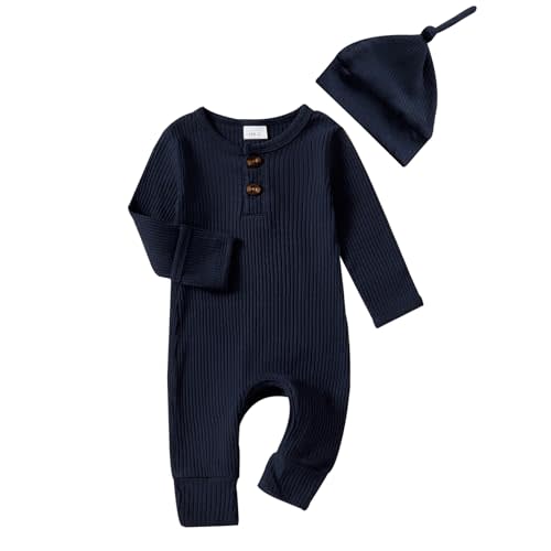 Infant Boys Girls Clothes Set Newborn Baby Romper Hat Ribbed Knit Long Sleeve Button Solid Bodysuit Jumpsuit