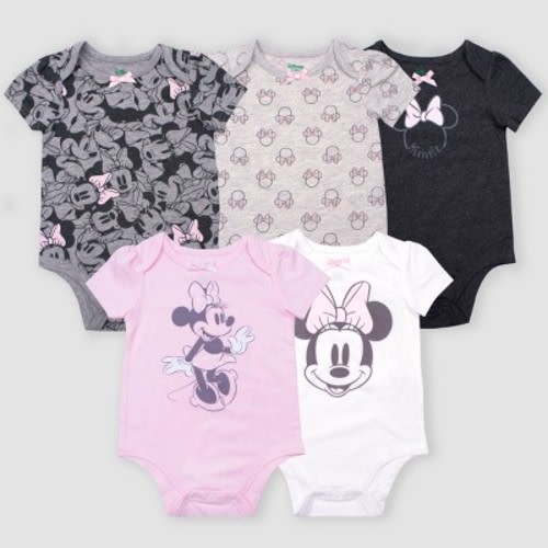 Baby Girls' 5pk Disney Minnie Mouse Short Sleeve Bodysuits - Gray/Pink/White 3-6M