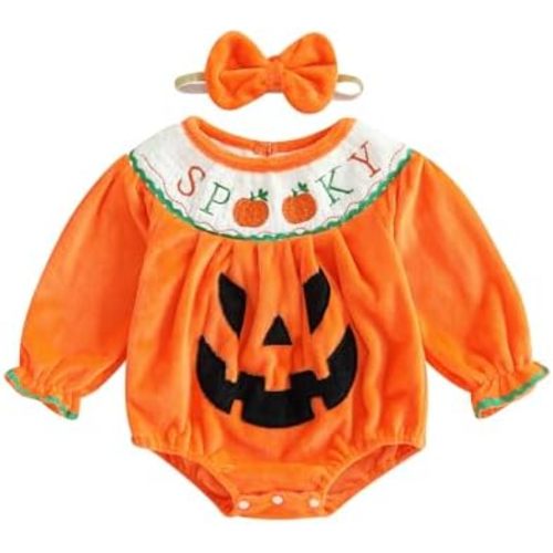 Lamuusaa Newborn Baby Girl Halloween Outfit Long Sleeve Spooky Embroidery Romper Pumpkin Bodysuit Headband Halloween Clothes