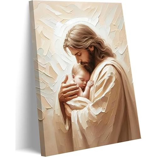 Jesus Canvas Wall Art Jesus Holding Baby Wall Decor Picture Christian Faith Poster Painting Print for Church living Room Bedroom Artwork Home Decoration 16x24in Framed