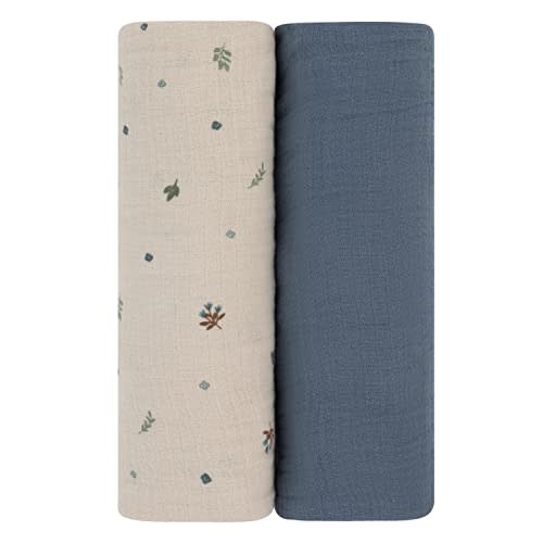 Ely's & Co. Muslin Swaddle Blanket 2-Pack — 100% Cotton Muslin Extra-Large Swaddle Blankets (47” x 47”) Solid + Printed (Blue Garden Flower)