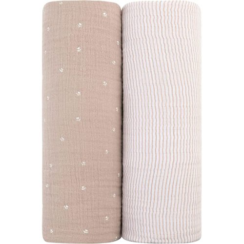 Ely’s &Co. Muslin Swaddle Blanket 2-Pack — 100% Cotton Muslin Extra-Large Swaddle Blankets (47” x 47”) White Tulip on Pink + Stripes