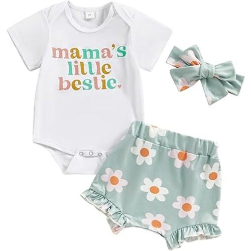 Baby Girls Summer Short Clothes Mama's Little Bestie Letter Print Bodysuit Daisy Bloomer Shorts Headband 3Pcs Outfit