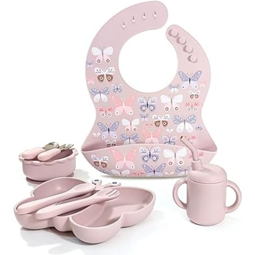 Silicone Feeding Set | 8 Pcs Baby Led Weaning Supplies with Divided Butterfly Plate