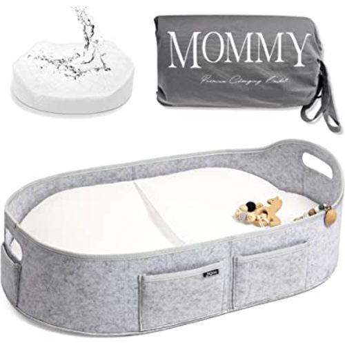 Baby Changing Basket with Contoured Foam Pad - Wipe Clean, Waterproof Cover - Changing Pad Topper for Dresser/Table, Living Room, Portable, Moses Basket, Gray, J&JOO… (Gray)