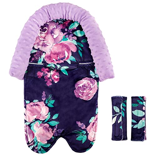 Baby Car Seat Head Support for Girls, Infant Carseat Insert Super Soft Fleece Newborn Headrest Seatbelt Covers for Car Seat, Stroller, Bouncer, Purple Flower