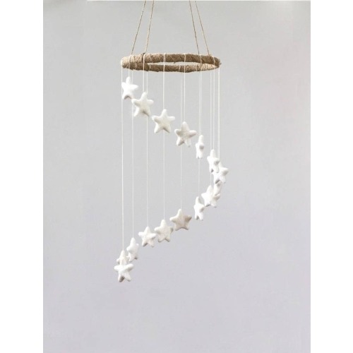 White Spiral Star Nursery Mobile Decor- Gender Neutral Nursery- Baby and Children's Room Felt Ball Ceiling Decor- 100% Wool, Ecofriendly