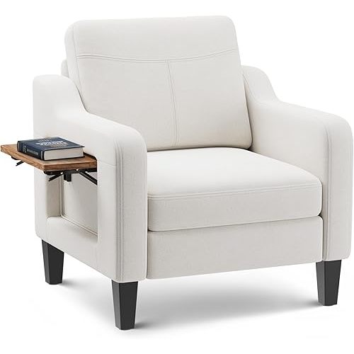 Accent Chair for Living Room Modern Linen Upholstered Armchair Side Wooden Fabric Sofa Chair with Foldable Table 2 Side Pockets Comfy Reading Chair for Bedroom