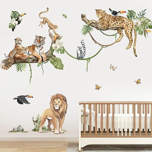 decalmile Large Jungle Animals Tree Branch Wall Stickers Safari Lion Leopard Tiger Wall Decals Baby Nursery Kids Room Playroom Wall Decor (XL)
