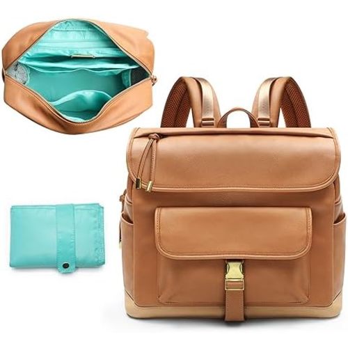 MOMINSIDE Diaper Bag Backpack, 12 Pockets Leather Mini Diaper Bag, Baby Bag Backpack, Baby Registry Search, 4 Insulated Pockets, Changing Pad, Stroller Straps(Brown)