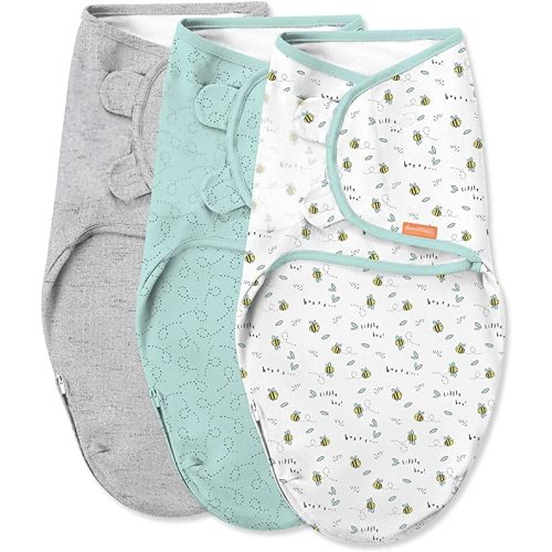 SwaddleMe by Ingenuity Easy Change Swaddle in Size Small/Medium, For Ages 0-3 Months, 7-14 Pounds, Up to 26 Inches Long, 3-Pack Baby Swaddle with Easy Change Zipper - Little Bees