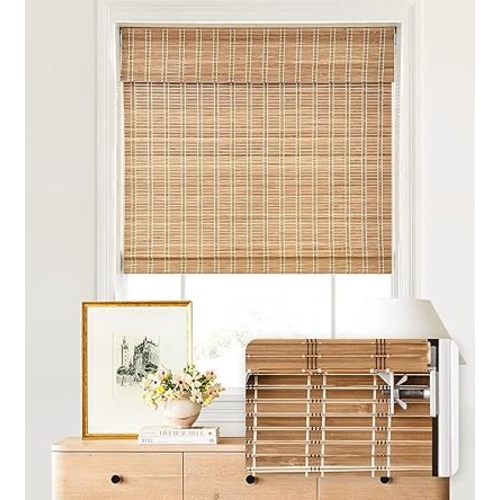 LazBlinds No Tools No Drill Cordless Bamboo Roman Shades, Light Filtering Window Treatment, Roll Up Bamboo Blinds for Window 35'' W x 64'' H, Brown