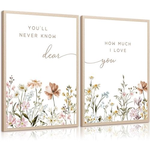 Girl Nursery Floral Wall Art Decor Boho Wildflower Canvas Wall Decor Baby Girl Room Flower Poster Vintage Nursery Botanical Art Prints Pink Coastal Pictures for Toddler Bedroom 12x16x2 Inch Unframed