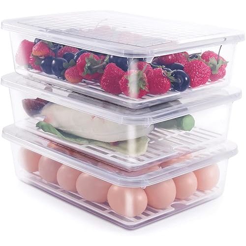 77L Food Storage Container, (3-Pack) Plastic Food Containers with Removable Drain Plate and Lid, Stackable Portable Freezer Storage Containers - Tray to Keep Fruits, Vegetables, Meat and More (Large)