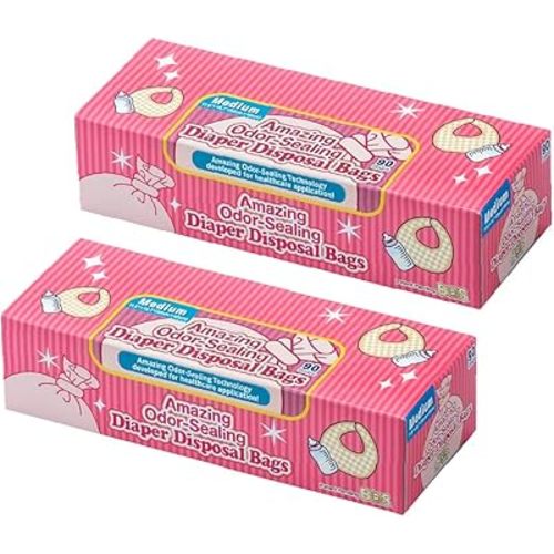 BOS Amazing Odor Sealing Baby Diaper Disposal Bags - Durable and Unscented [Size: M, Color: Pink] (90 count, Pack of 2) (180 Bags)