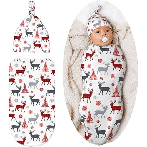 Christmas Deer Newborn Swaddle Blanket Baby Stuff Baby Swaddling Blanket with Beanie Set Soft Sleeping Sack for Unisex Girls Boys
