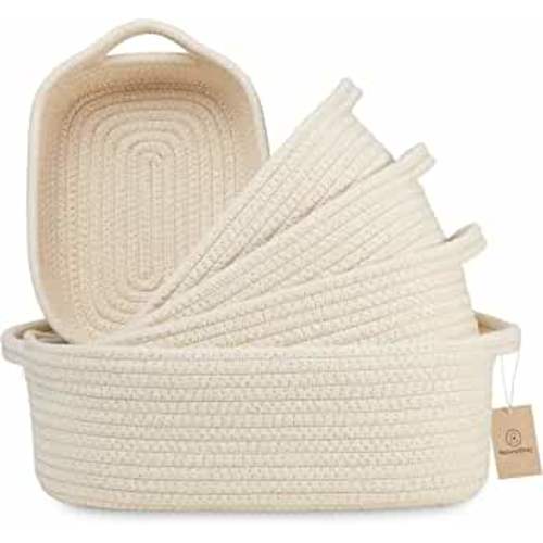 NaturalCozy 5-Piece Rectangle Storage Basket Set- Natural Cotton Rope Woven Baskets for Organizing! Small Basket for Montessori, Baby Nursery, Dog Toy Baskets, Cat Toy Box, Bathroom Organization Bin