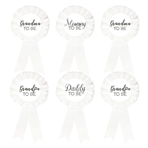 1 Mommy to be Tinplate Badge Pin Neutral, 1 Daddy to be, 2 Badges for Grandmas to be, 2 Badges Grandpas to be, Baby Shower Button New Mom Gifts Gender Reveals Party Baby Girl or Boy, White Rosette