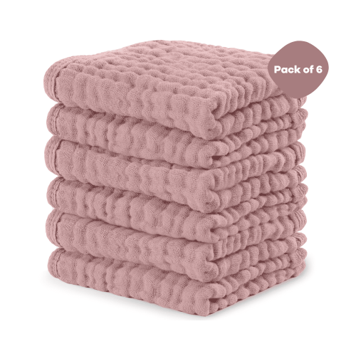 Comfy Cubs Baby Washcloths, Muslin Cotton Baby Towels, Large 10”x10” Wash Cloths (Mauve, Pack of 6)