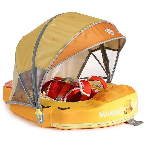 Mambobaby Float Non-Inflatable Baby Float with Canopy Five-Point Safety System 3D Canopy(Detachable) UPF 50+ Infant Pool Floats 3-24 Months Air-Free Pearl-Foam Dual-Mode Toddler Swim Floaties