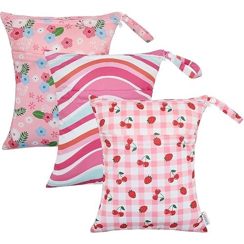 ALVABABY 3pcs Cloth Diaper Wet Dry Bags Waterproof Reusable with Two Zippered Pockets Travel Beach Pool Daycare Soiled Baby Items Yoga Gym Bag for Swimsuits or Wet Clothes 3L-ZM22A