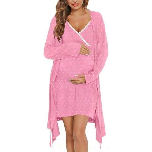 SWOMOG Womens Maternity Robe 2 Piece Nursing Nightgown for Breastfeeding 3 in 1 Labor Delivery Nursing Dress Lace Bathrobe