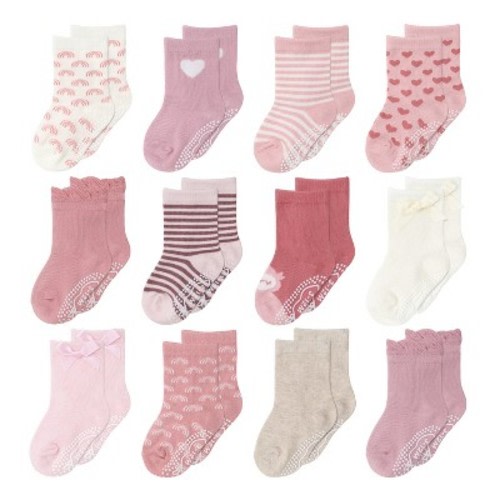 The Peanutshell Baby Girls 12pk Organic Cotton Socks, Blush/Mauve - Newborn, 0-3 Months