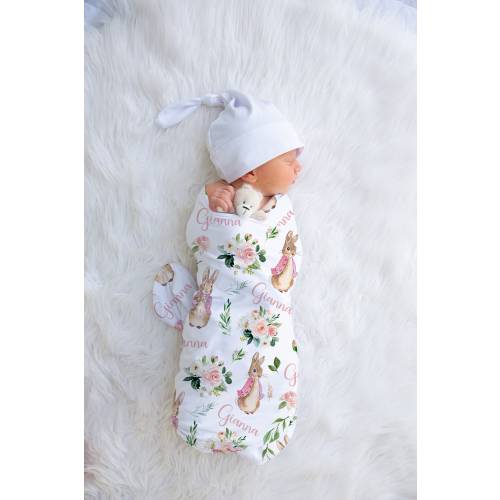 Peter Rabbit Flopsy Baby Girl Name Swaddle, Blush Floral Blanket, Personalized Receiving Blanket, Baby Shower Gift, Custom Girl Bedding,