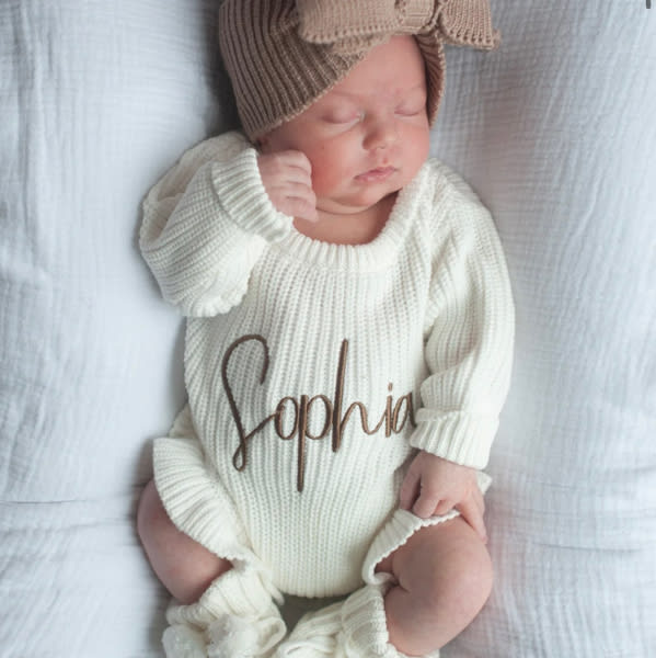 Ribbed Ruffle Leg Personalized Romper - Warm White – Sweet June