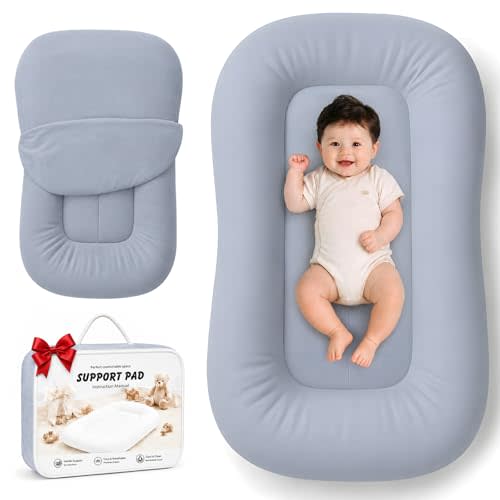 Mapof Baby Lounger for Newborns 0-24 Months, Soft Breathable Cotton Infant Support Cushion for Tummy Time & Play, Portable Infant Lounger, Baby Essentials for Newborn - Navy Blue (Cover Included).