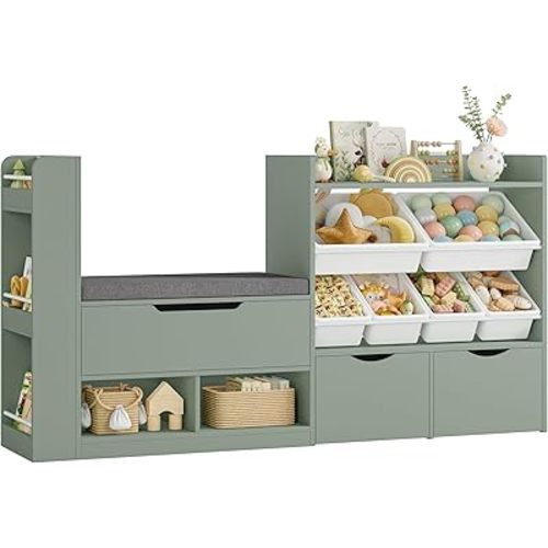HITHOS Kids Bookshelf with Reading Nook/Storage Bench, Toy Storage Organizers with Montessori Bookcase, Kids Toy Organizers with Drawers & Removable Bins, Toy Chest for Playroom, Kids Room, Green