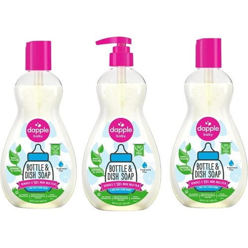 Dapple Baby Fragrance Free Bottle & Dish Soap - (3 Pack) 16.9 fl oz - Cleans Baby Bottles, Sippy Cups, Pacifiers, Breast Pumps, & More - Gently Removes Milk Film & Odors - Includes 1 Pump