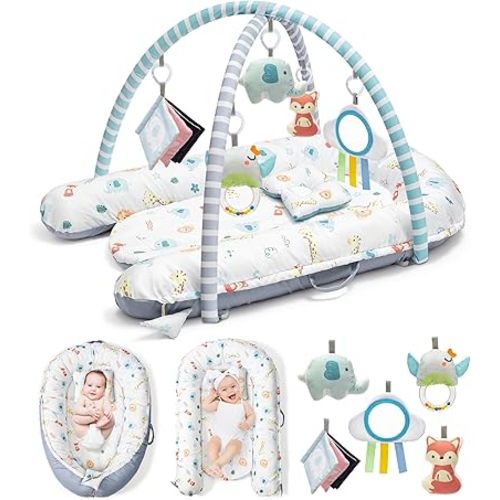 Baby Play Mat, 7-in-1 Tummy Time Activity Gym Mat, Washable Baby Lounger Nest, Portable Floor Seat for Home & Travel, Baby Essentials Gift for Infant Newborn 0-6-12-18 Months