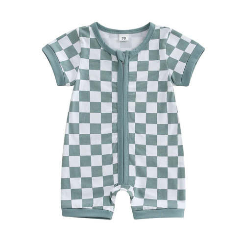 Baby Boys Summer Romper Checkered Print Short Sleeve Round Neck Zipper – August + Willow