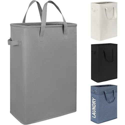 Chrislley 45L Slim Laundry Hamper Narrow Laundry Basket with Handle Foldable Dirty Clothes Portable Skinny Hamper Organizer Storage Bins (22 inches, grey)