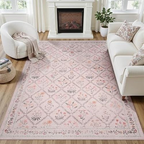 DCX Washable 8x10 Pink Floral Rug for Girls Bedroom, Soft Cottagecore Rug for Baby Girl Nursery, Non Slip Low Pile, Kid & Pet Friendly Vintage Botanical Carpet