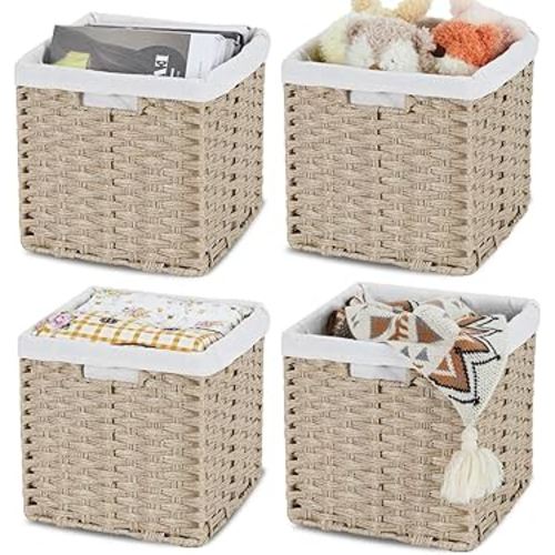 Bidtakay Wicker Storage Baskets for Organizing 4-Pack Hand-Woven Imitation Wicker Cube Storage Bins with Liners for Shelves Closet Cabinet 11x11 Waterproof Cube Organizer for Pantry-Greyish Beige