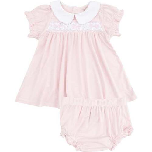 Smocked Peterpan Collar Dress +Ruffle Leg Bloomer, Solid Classic Pink - Angel Dear | Maisonette