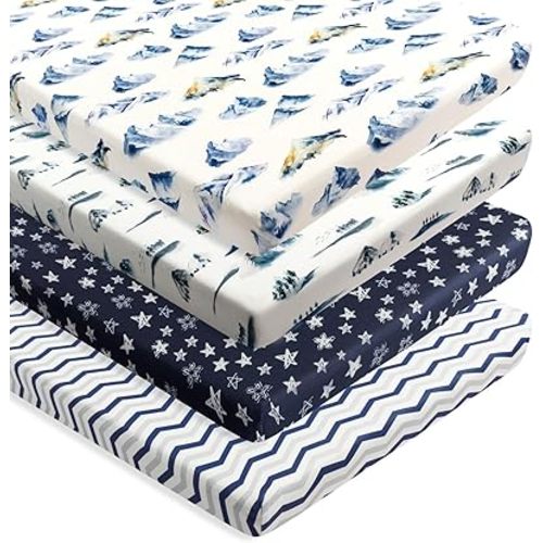 4 Pack Fitted Pack N Play Sheets for Baby Boys Neutral Unisex Breathable Soft Toddler Mini Crib Sheets for Pack and Play Mattress (Mountain)